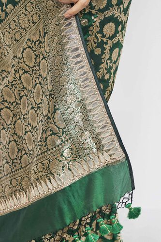 Madhusmita Benarasi Silk Embroidered Saree - Emerald Green, Emerald Green, image 6